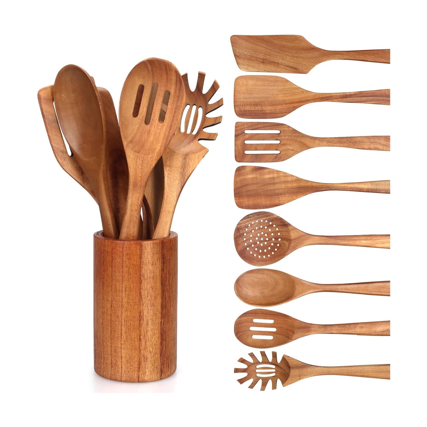 9 Pcs Wooden Kitchen Utensils Set with Holder Cooking Spoons Wood Spatula | Acacia Wood Spoons for Cooking Utensils
