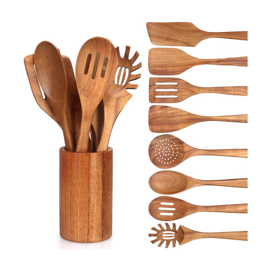 9 Pcs Wooden Kitchen Utensils Set with Holder Cooking Spoons Wood Spatula | Acacia Wood Spoons for Cooking Utensils