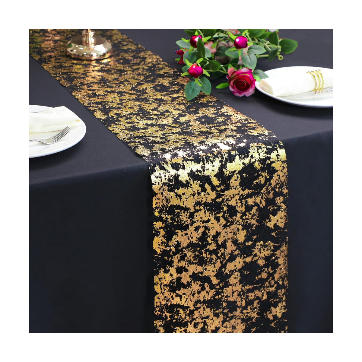 2 Pcs Black and Gold Table Runner, Glitter Metallic Foil Mesh Roll 108"