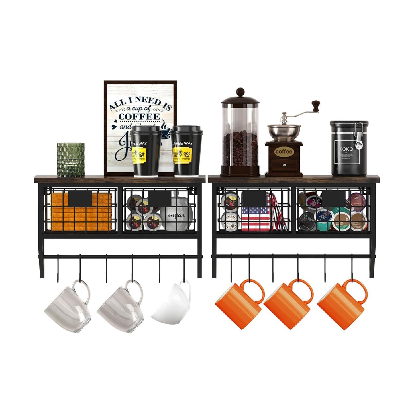 Helsin Industrial Wall Mounted Metal Wood Floating Shelves with Baskets Hooks Hanging Display Shelf Sundries Holder for