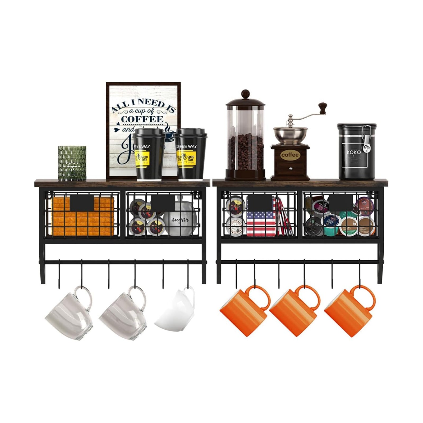 Helsin Industrial Wall Mounted Metal Wood Floating Shelves with Baskets Hooks Hanging Display Shelf Sundries Holder for