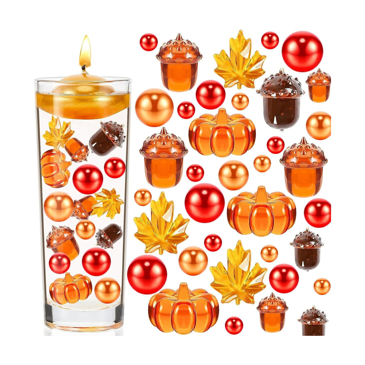 132Pcs Fall Vase Filler Faux Bead Pumpkin Maple Leaves Acorns Thanksgiving Vase Fillers for Centerpieces Thanksgiving Fall Table Party Decoration