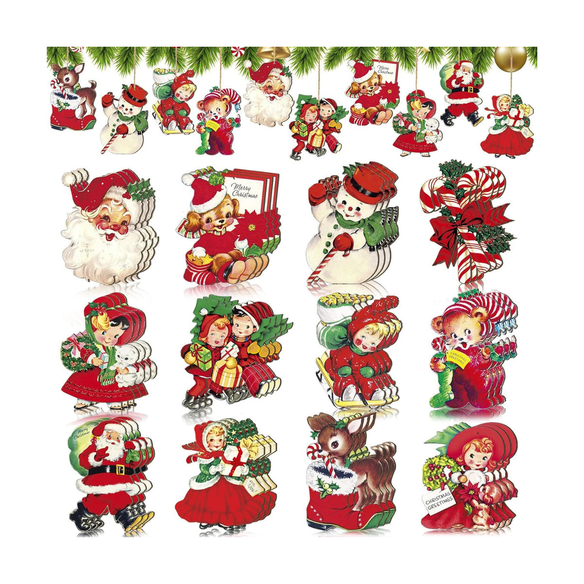 Geelin 24 Pcs Vintage Christmas Ornaments Hanging Wooden Cutouts for Tree
