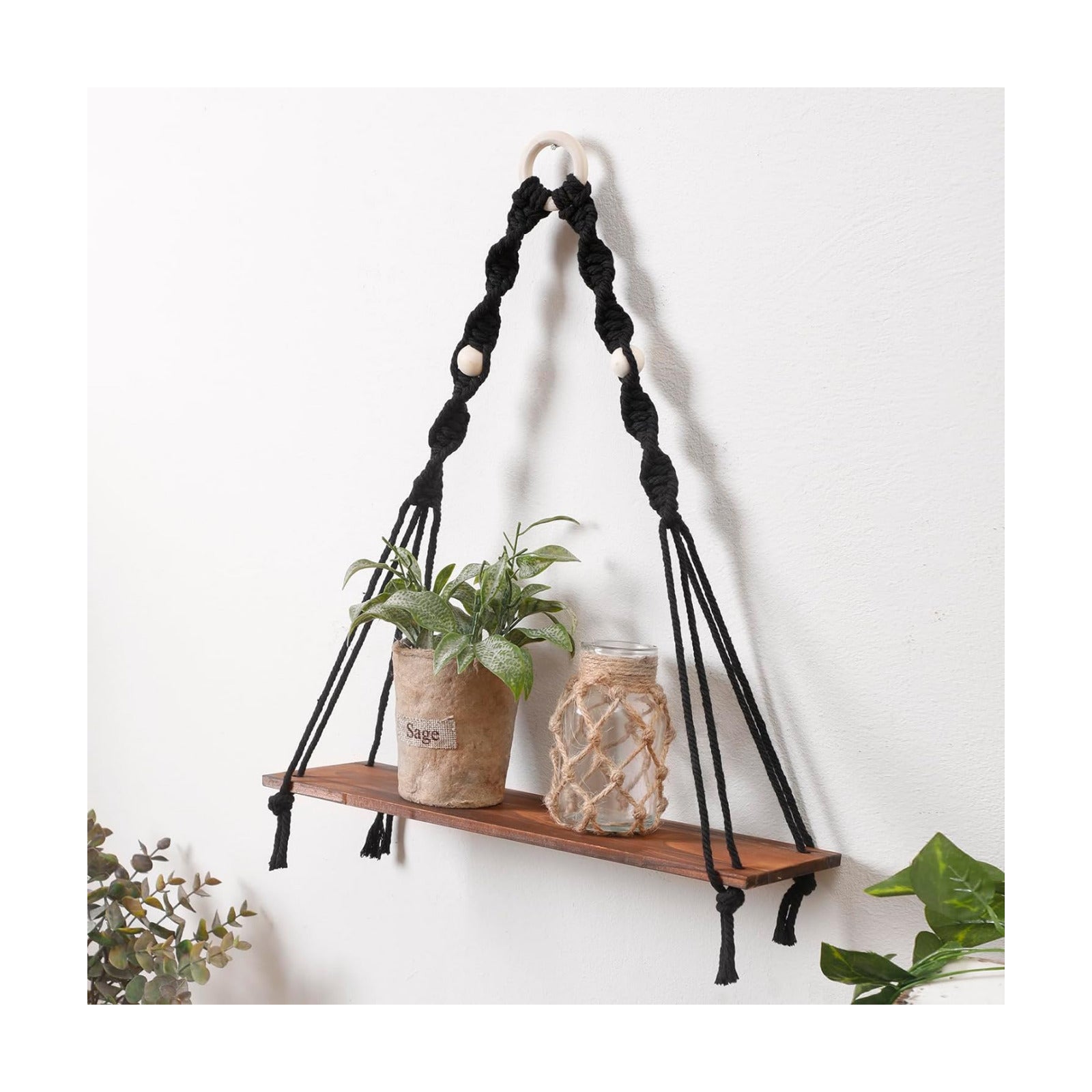 Boho Wooden Wall Shelves Hanging Decor / Black