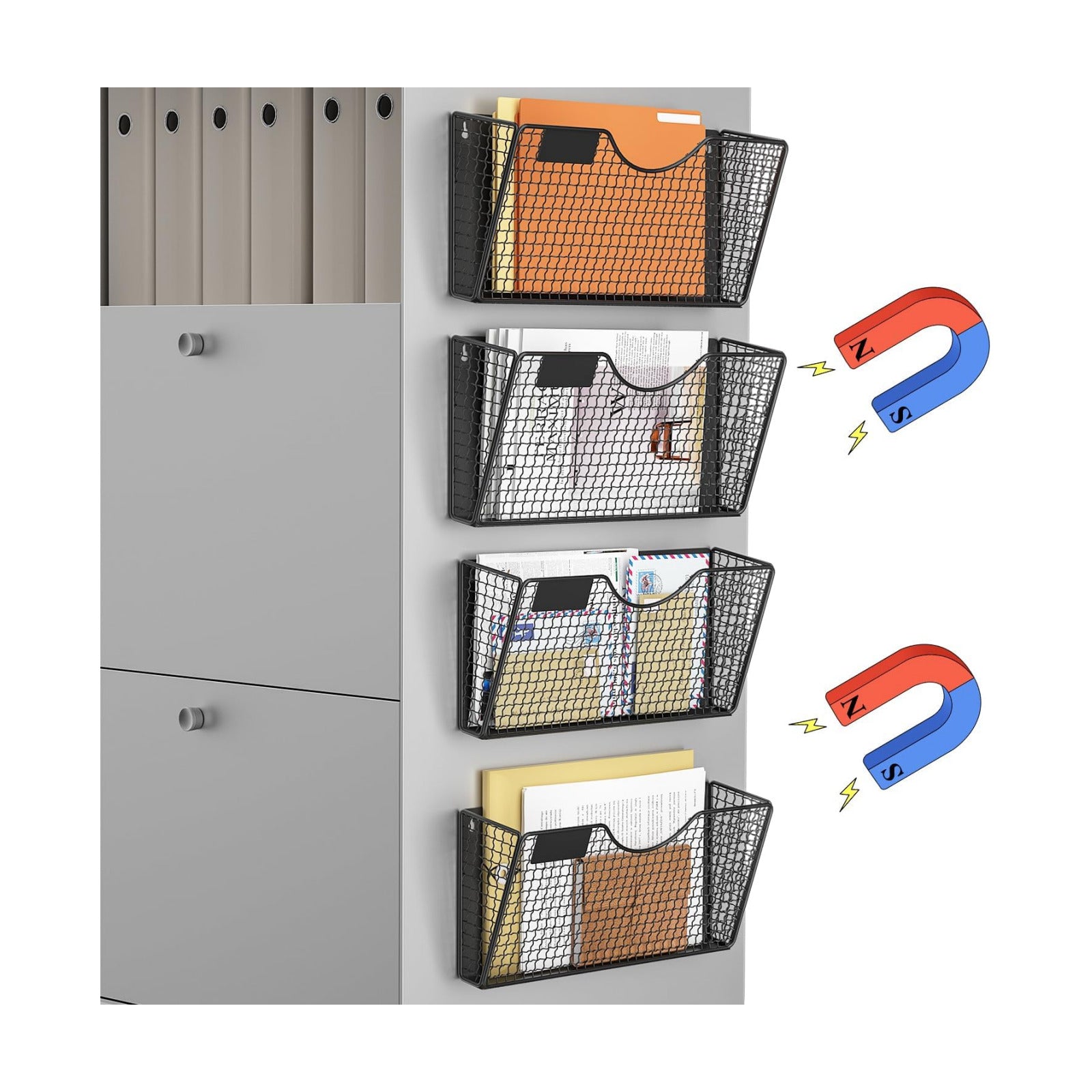 MFTEK Magnetic File Holder, 4 Pockets Magnetic File Folder Holder No Drilling Magnet Paper Mail Organizer Magazine