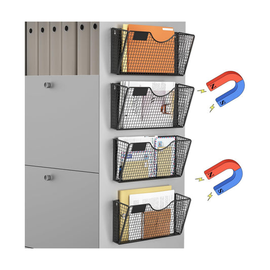 MFTEK Magnetic File Holder, 4 Pockets Magnetic File Folder Holder No Drilling Magnet Paper Mail Organizer Magazine