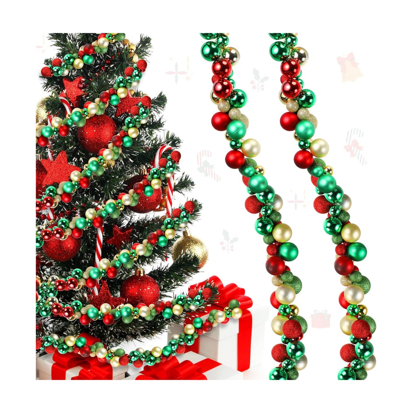 Hiboom 2 Pcs 6 Feet Christmas Ball Garland Ornaments Indoor Outdoor Garland Xmas Decorative Hanging Ornaments for