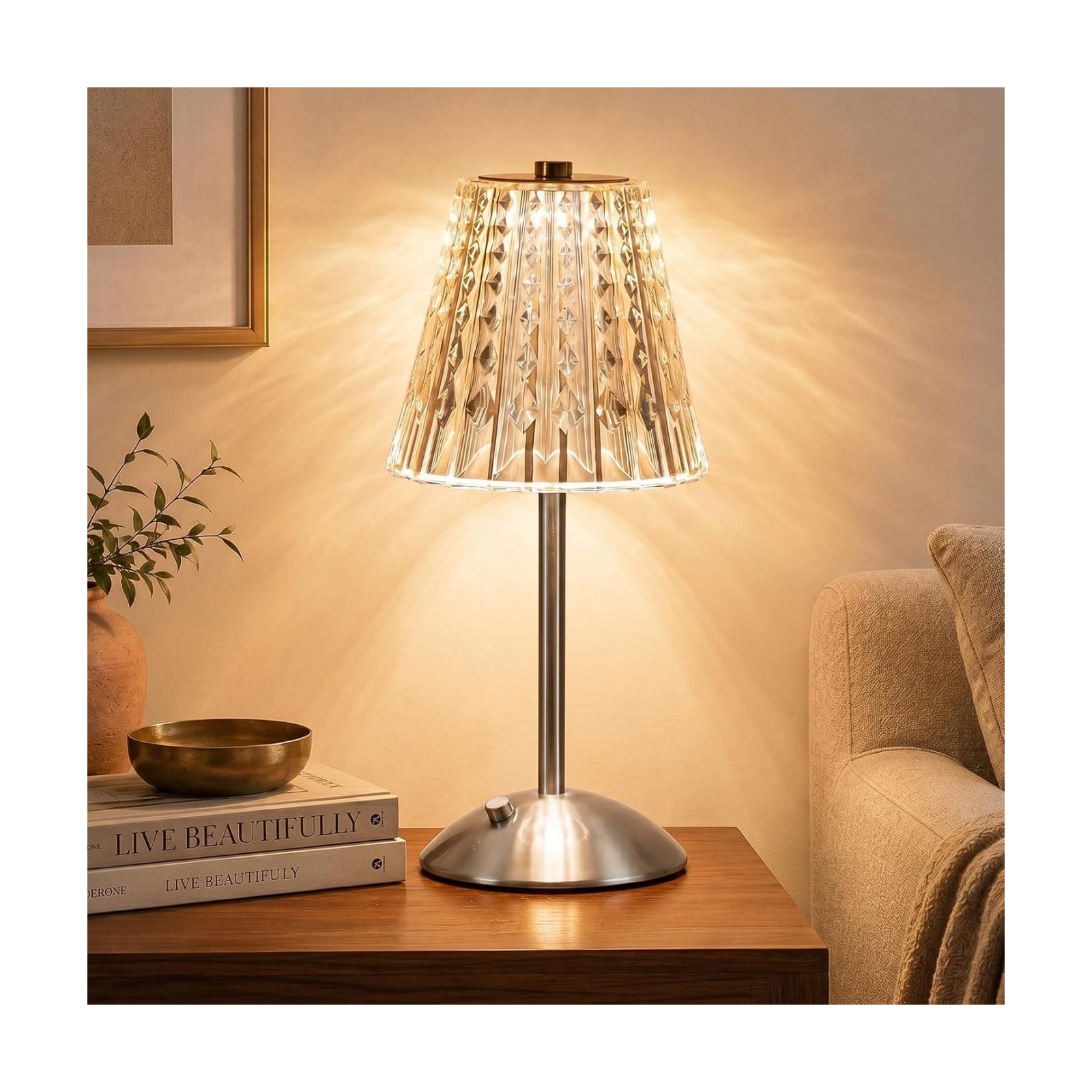 Nusogon Cordless Touch Table Lamp, LED Rechargeable Small Dask Lamp | 3 Colors Dimmable Silver Battery Operated Crystal