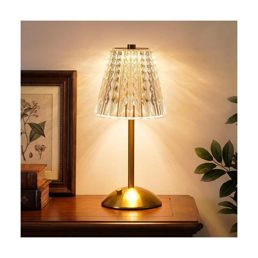Cordless Touch Table Lamp, Classic Edition Rechargeable Small Desk Lamp | 3 Color Dimmable Gold Crystal Lamp for