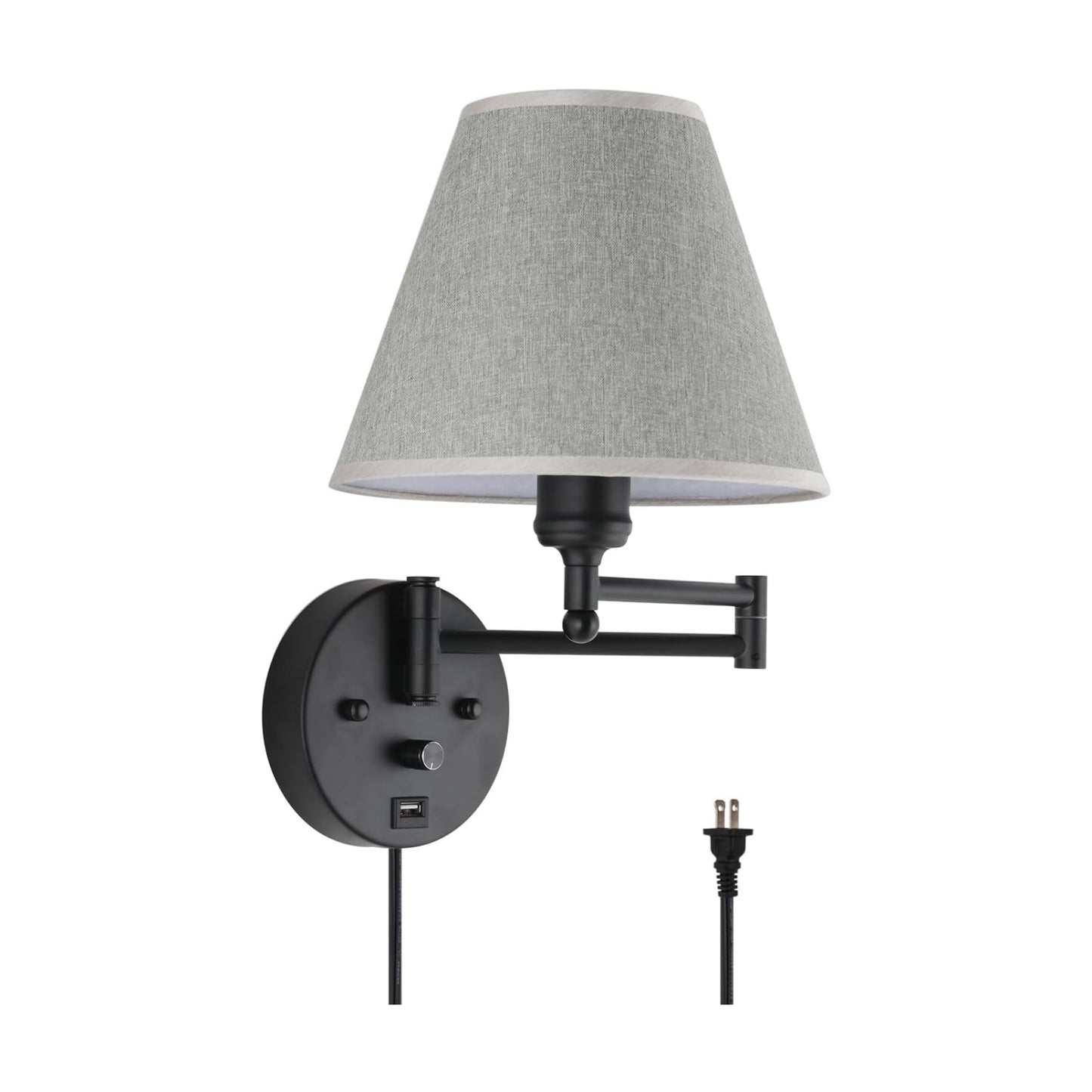 Swing Arm Wall Lamp.Wall Mount lamp with Dimmable Switch.Plug in Wall Sconces with USB Charging Port. Black Sconces