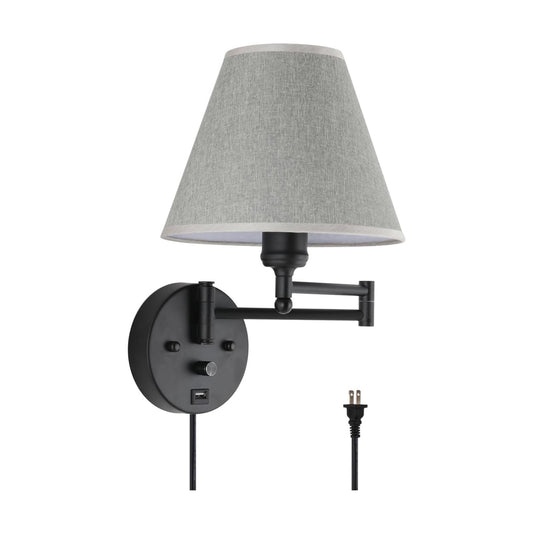 Swing Arm Wall Lamp.Wall Mount lamp with Dimmable Switch.Plug in Wall Sconces with USB Charging Port. Black Sconces