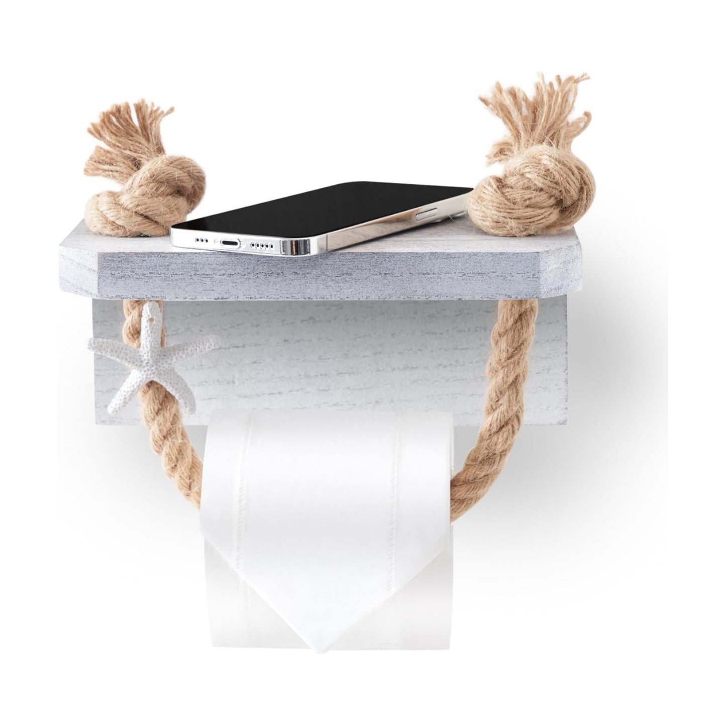 Farmhouse Rope Toilet Paper Holder Beach Towel Holder Wood Shelf | Rustic Farmhous Bathroom Decor Wall Mount