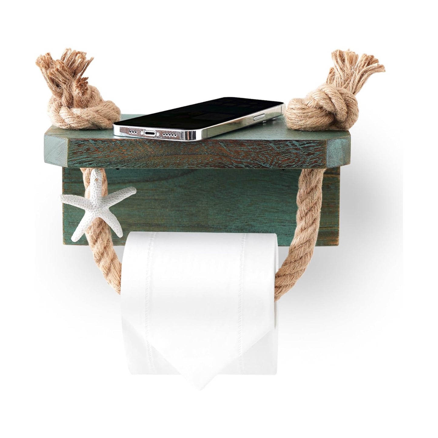 Rustic Rope Toilet Paper Holder Teal Farmhouse Bathroom Decor | Bathroom Accessory with Wood Shelf Nautical Coastal