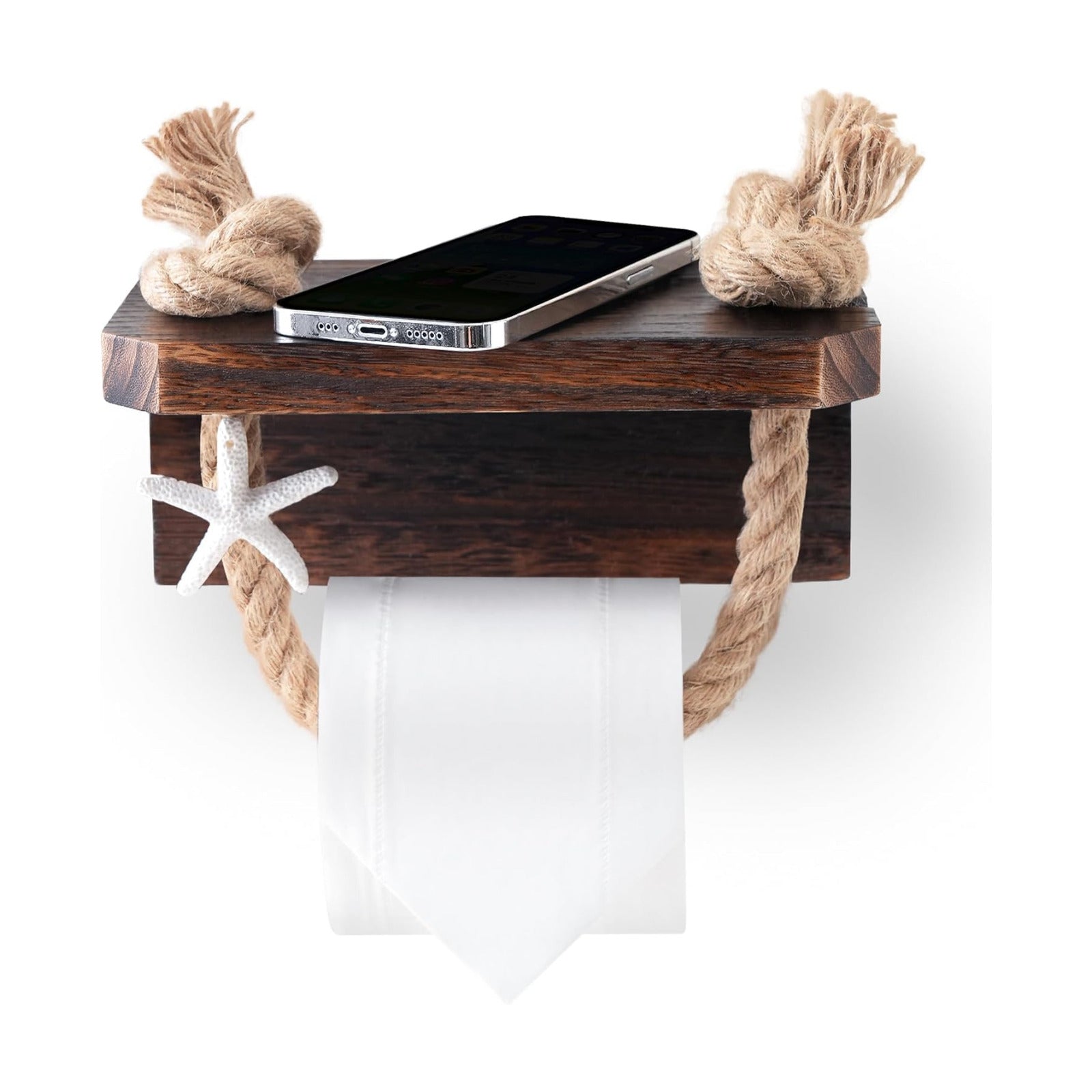 Wooden Toilet Paper Holder with Shelf Farmhouse Bathroom Decor | Rustic Rope Towel Rack Shelf Wall Mount Nautical Beach