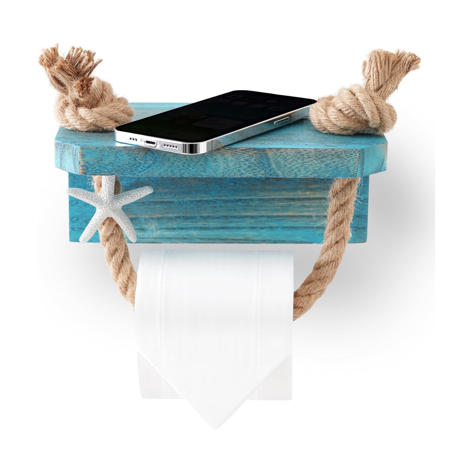 Nautical Rope Toilet Paper Holder Beach Farmhouse Bathroom Decor | Pre-Assembled Wall Mounted Coastal Ocean Starfish