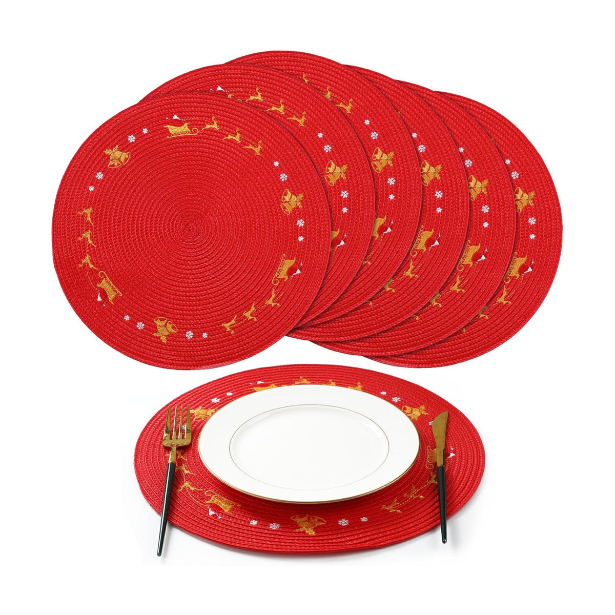 Tioncy 6 Pcs Round Christmas Placemats, Red Reindeer 13.4"