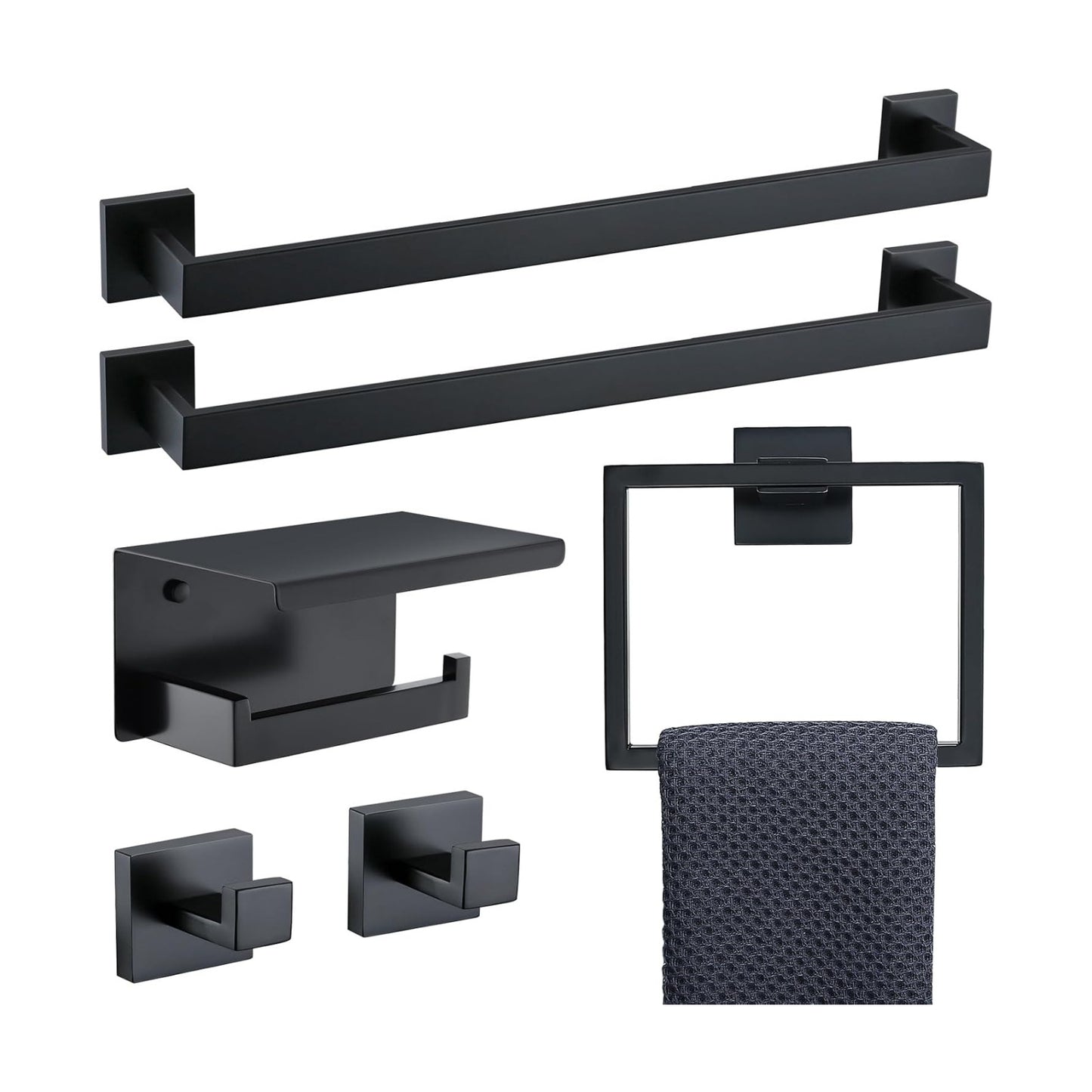 6-Piece Black Bathroom Hardware Set 23.6 Inch Towel Bar Set Double Towel Bar Towel Ring Coat Hook and Toilet Paper