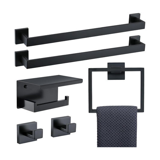 6-Piece Black Bathroom Hardware Set 23.6 Inch Towel Bar Set Double Towel Bar Towel Ring Coat Hook and Toilet Paper
