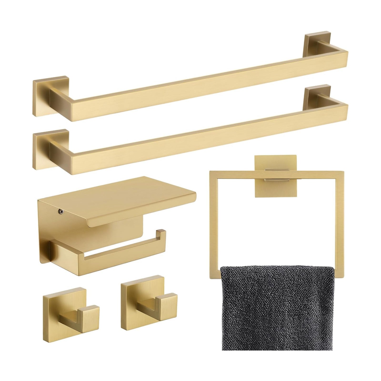 6-Piece Bathroom Hardware Set 23.6 Inch Gold Towel Bar Set Double Towel Bar Towel Ring Coat Hook and Toilet Paper