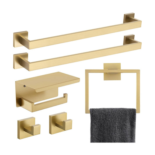 6-Piece Bathroom Hardware Set 23.6 Inch Gold Towel Bar Set Double Towel Bar Towel Ring Coat Hook and Toilet Paper