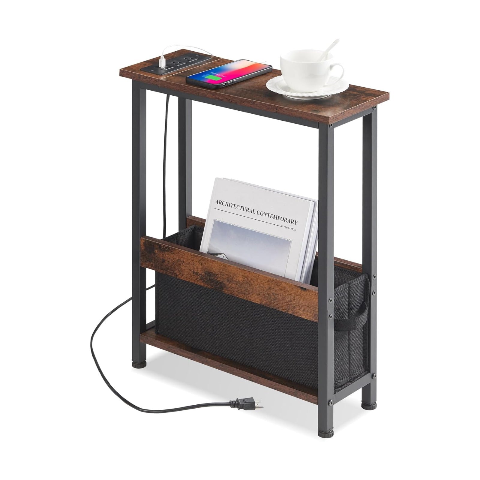 Slim Charging End Table with Storage - For Small Spaces and Bedroom