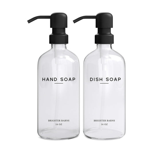 Clear Glass Hand and Dish Soap Dispenser Set by Brighter Barns - Kitchen Soap Dispenser Set & Pump - Glass Bottles for