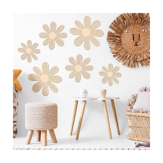 Boho Daisy Wall Decor Rattan Flower Wall Hanging Art Wooden Boho Art Nursery / Natural / Set of 6