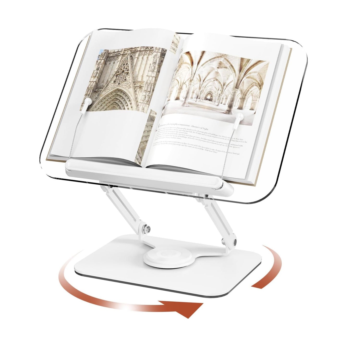 BYMECOST Acrylic Book Stand for Reading, Adjustable Book Holder, White | Foldable Desktop Riser Stand with 360°