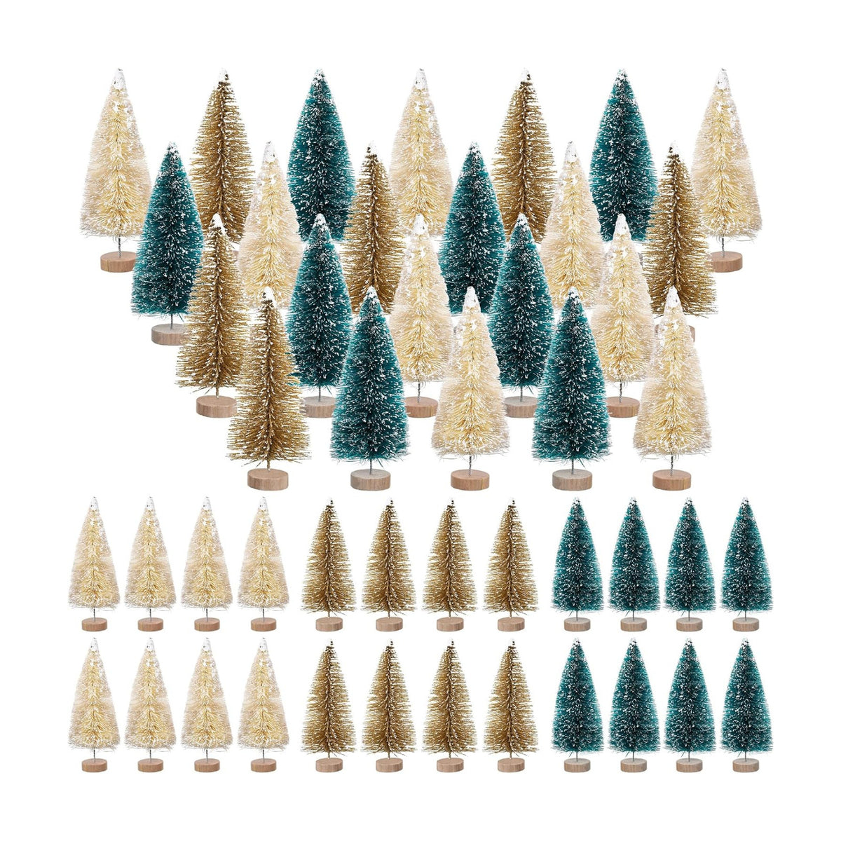 24 Pcs 4 Inch Mini Christmas Tree Bottle Brush Trees Artificial Frosted Sisal Christmas Tree with Wood Base for Christmas Decoration and Display Home Tabletop (Gold, Cyan, Beige)