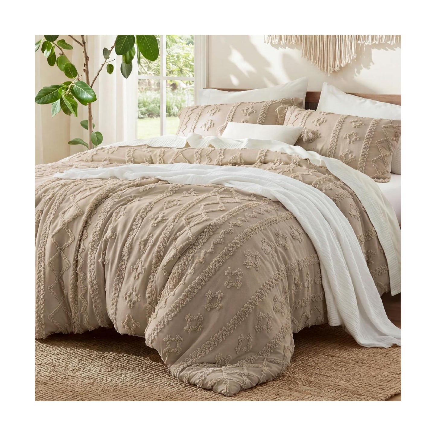 Bedsure Tufted Boho Comforter Set Twin Size - Light Brown Boho Bed Set, GentleSoft™ 2 Pieces Farmhouse-Style Embroidery