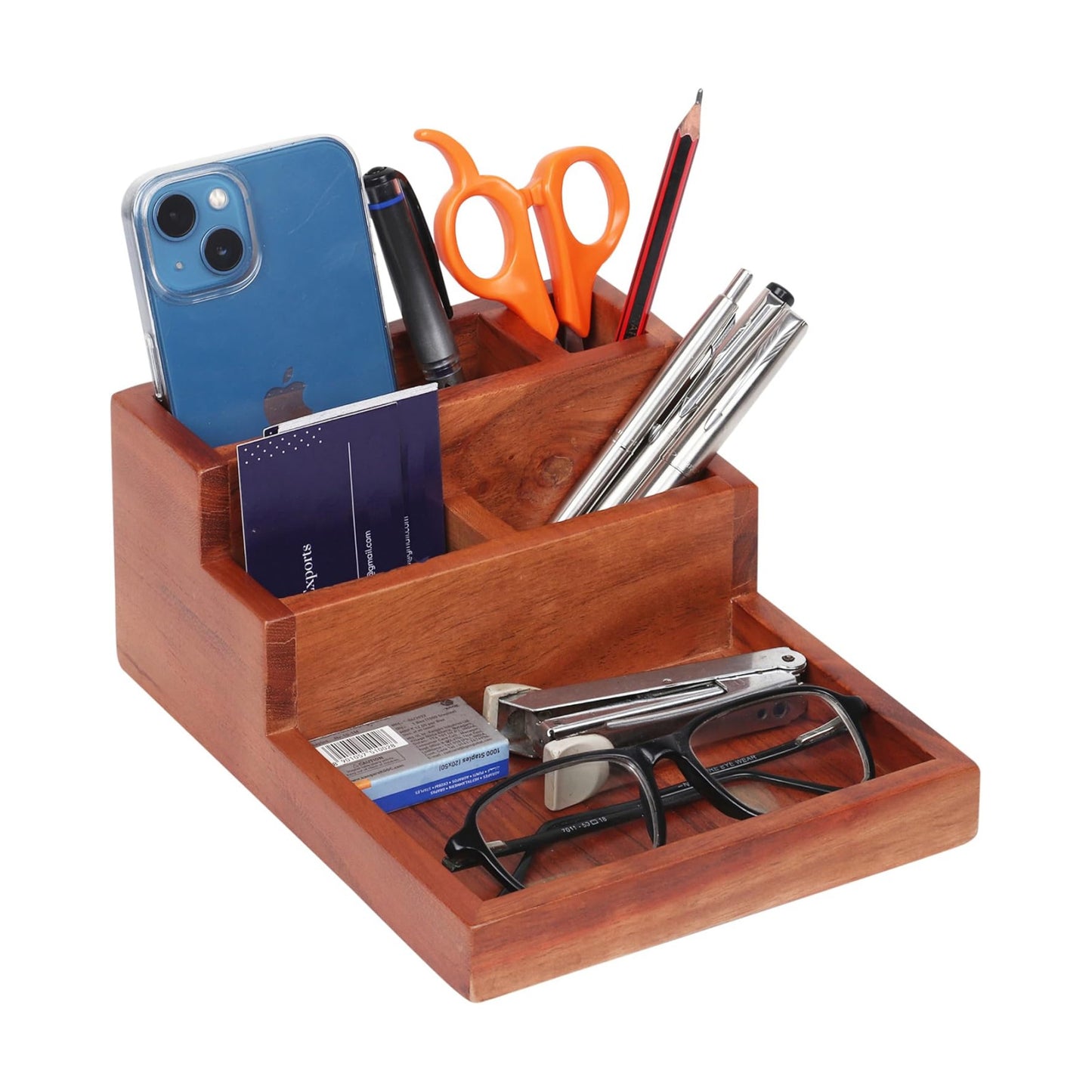 Acacia wood desk organizer and card holder | 5 compartments | Keep pens, remotes, phone, wallets, office desk