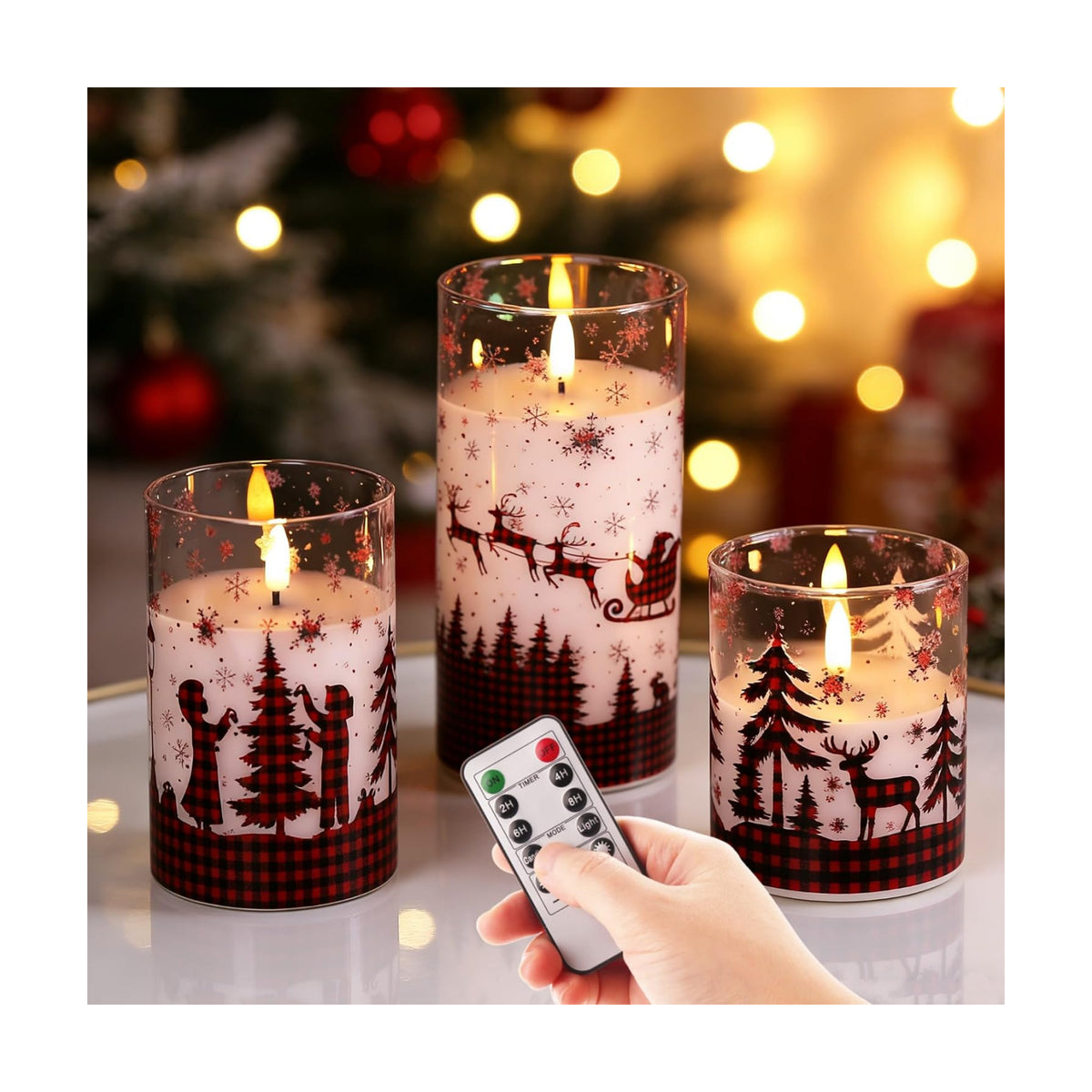 Eywamage Christmas Flameless Pillar Candles with Remote, Red Buffalo Plaid Table Decor, Flickering LED Pillar Candles Set of 3