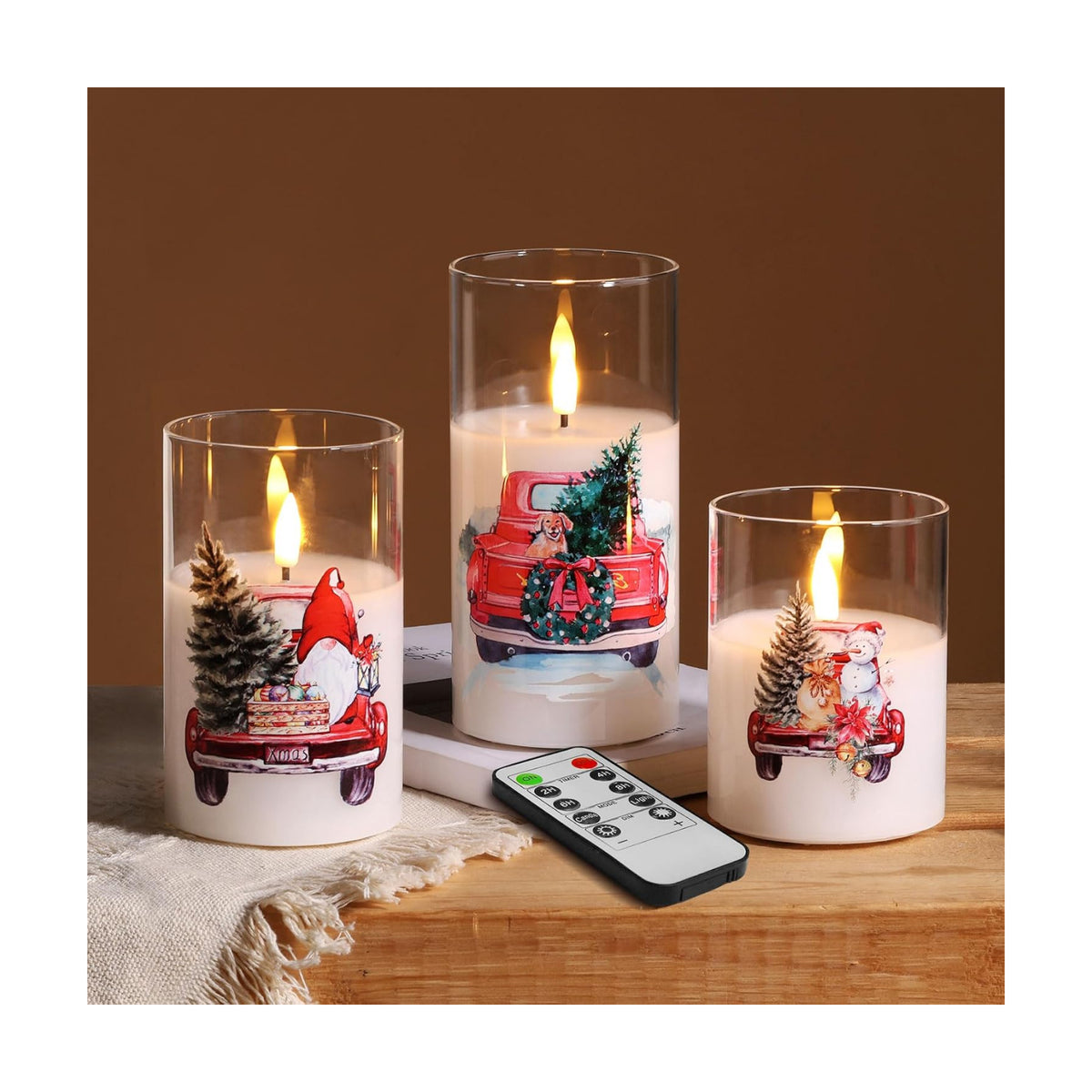 Eywamage Christmas Glass Flameless Candles with Remote, Flickering LED Pillar Candles Holiday Table Decor Gift Set of 3