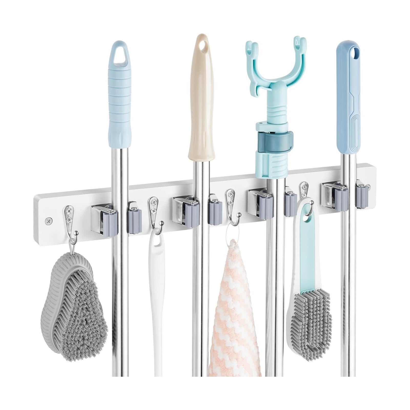 OUTNILI White Mop Broom Holder Wall Mount with 4 Slots & 4 Hooks - Wood Broom Mop Hanger for Pantry Closet Laundry Room