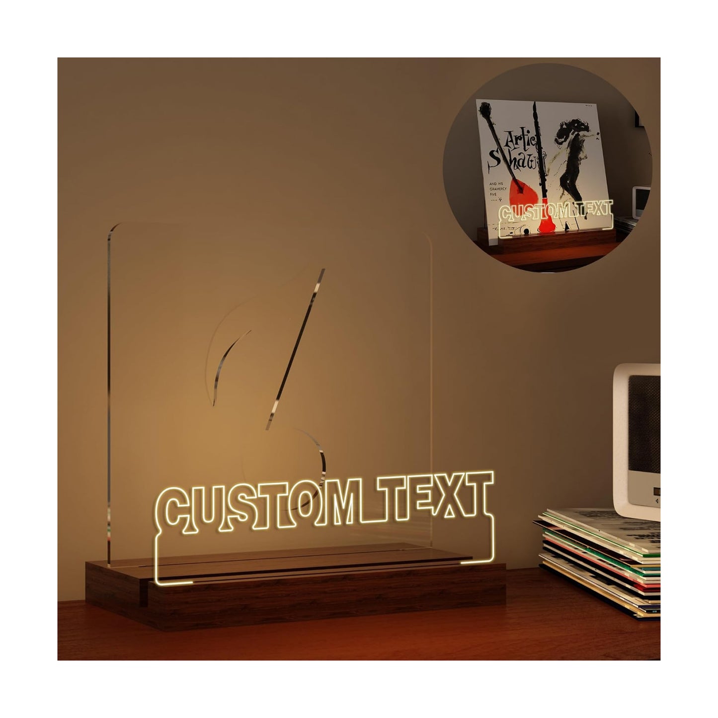 YuanDian Personalised Light up Now Playing Vinyl Record Stand, Now Spinning Record Stand, Wooden Acrylic Holder for