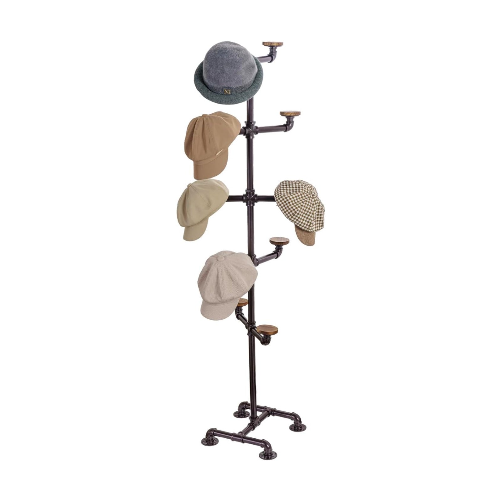 MyGift Cowboy Hat Rack Stand, 10 Hook Wood Hat Tree Organizer | Freestanding hat tree holds cowboy hats, caps, and wigs