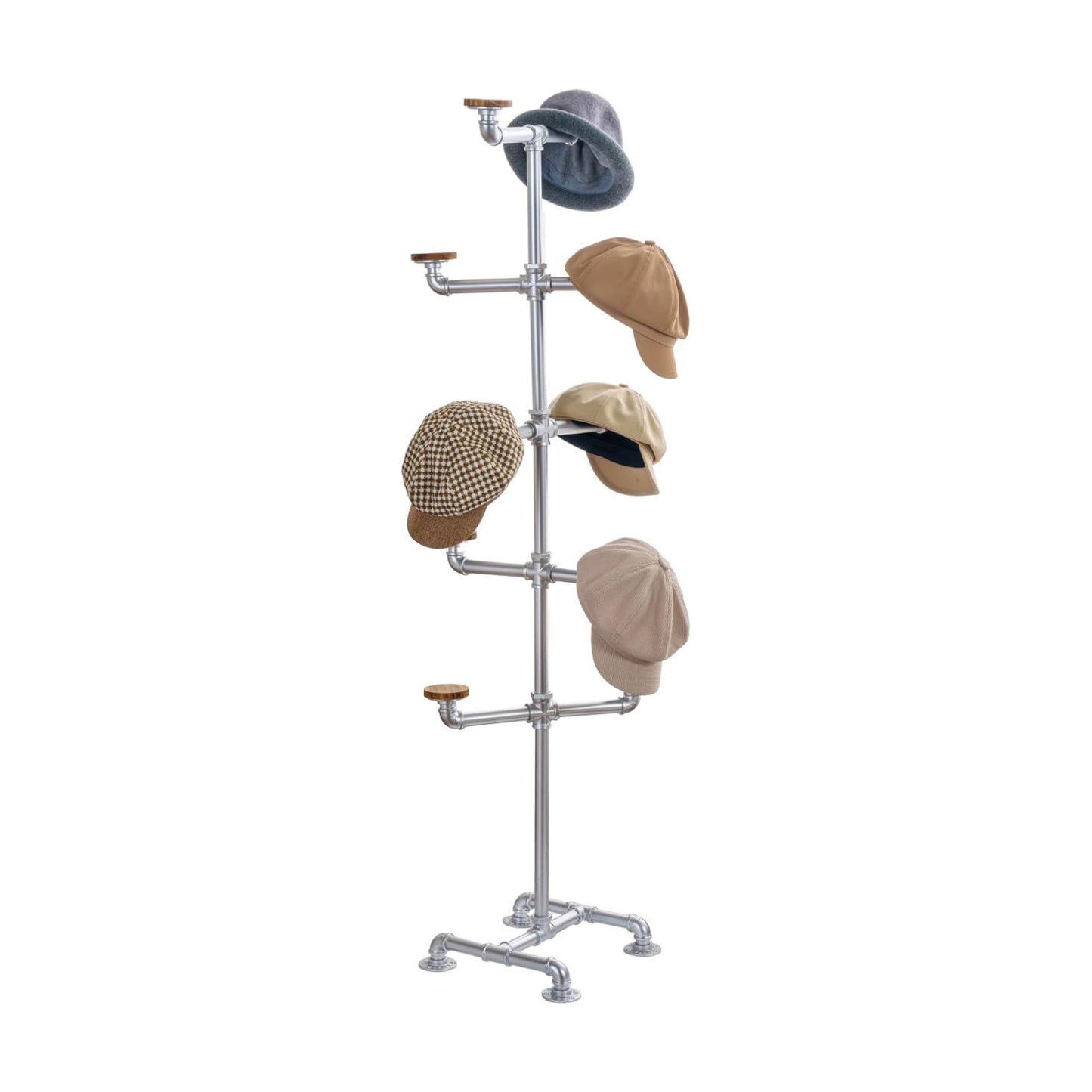 MyGift Cowboy Hat Rack Stand, 10 Wood Hangers, Silver Metal Tree | Ten rounded wooden pegs help preserve hat shape