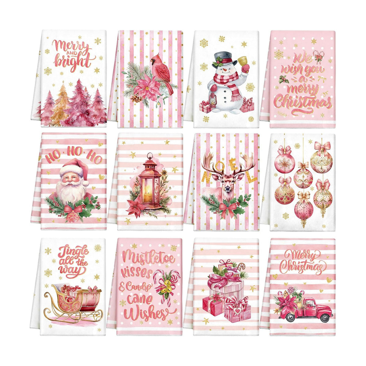 VitalCozy 12 Pcs Pink White Christmas Kitchen Towels, 14.2 x 21.3 in