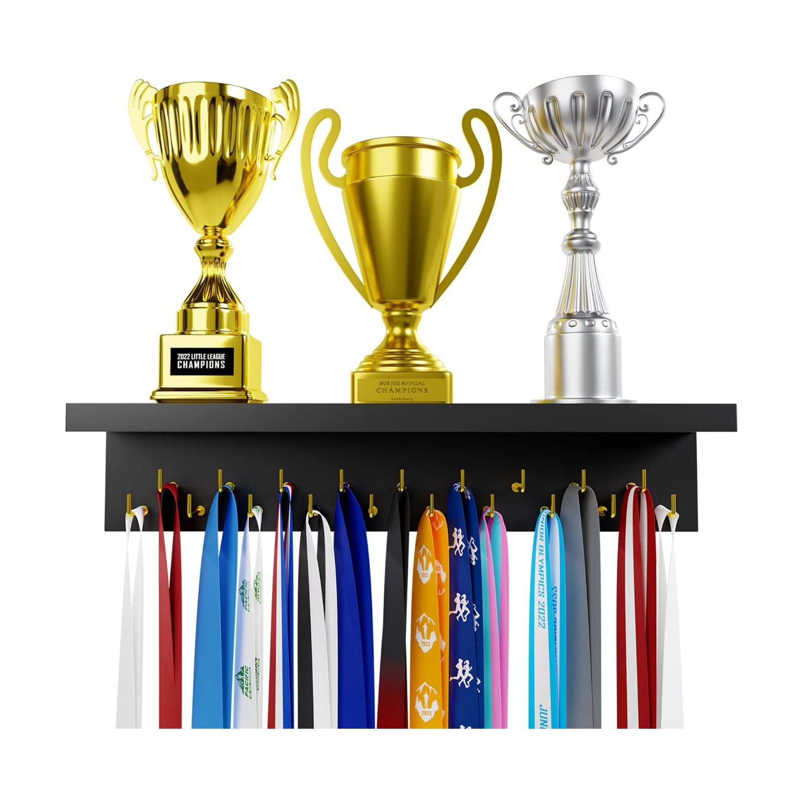 EVERMORE Medal Hanger Display and Trophy Shelf with Hooks - Wooden Medal Holder for Wall Mount Ribbon Display, Trophy