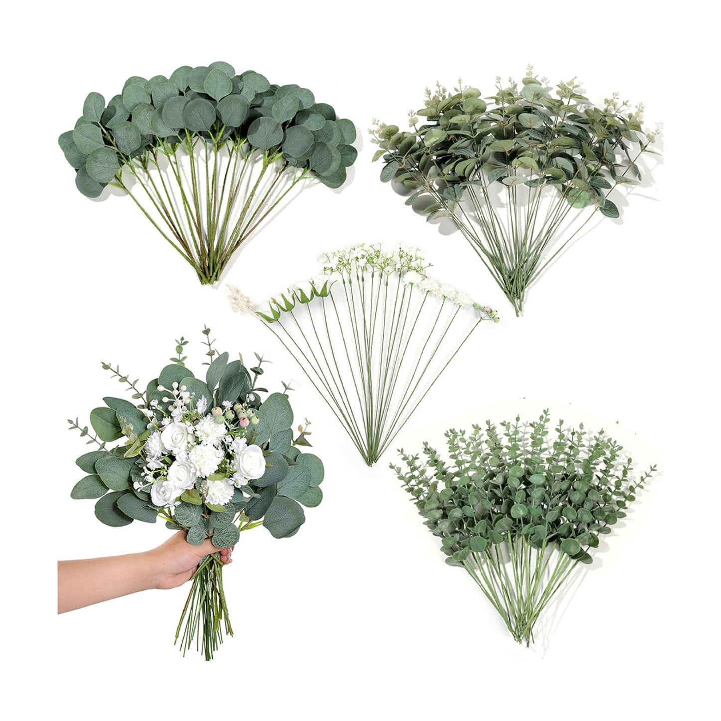 7 Kinds Mixed Artificial Eucalyptus Stems and Faux Flowers / Green / Set of 110