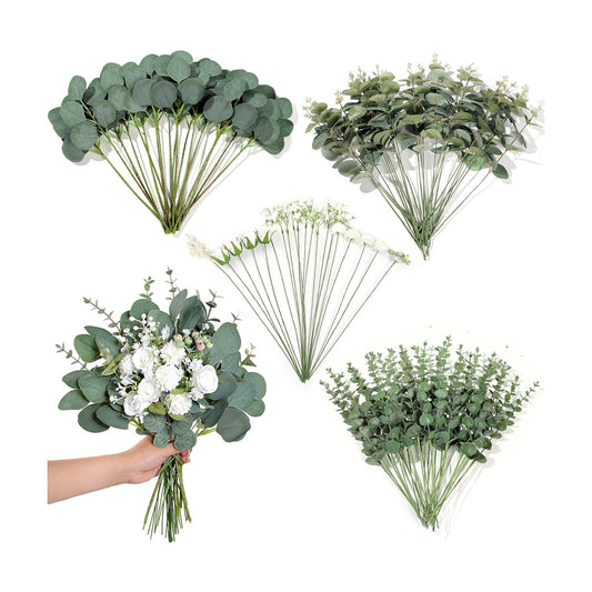 7 Kinds Mixed Artificial Eucalyptus Stems and Faux Flowers / Green / Set of 110