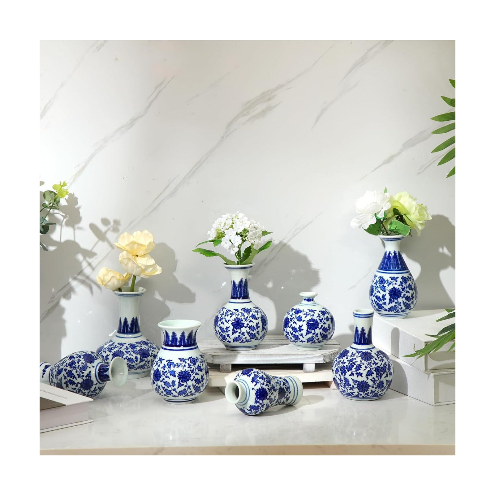 Mini Chinoiserie Bud Vases Ceramic and White Floral Chinese Porcelain / Elegant / Blue / Set of 8