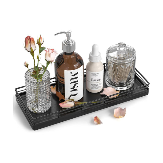 Oak Wood 11" L Small Vanity Tray for Dresser Tops Perfume Jewelry Makeup / Black / 11 x 4.3 x 1.5