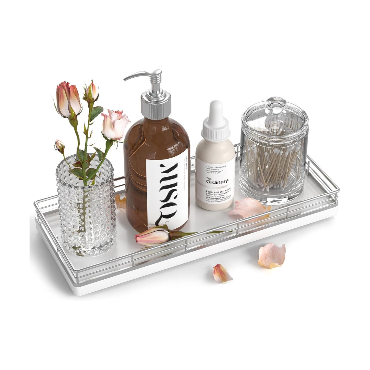 Oak Wooden 11.2" L Vanity Tray for Jewelry Candle Makeup Perfume / Silver / 11 x 4.3 x 1.5