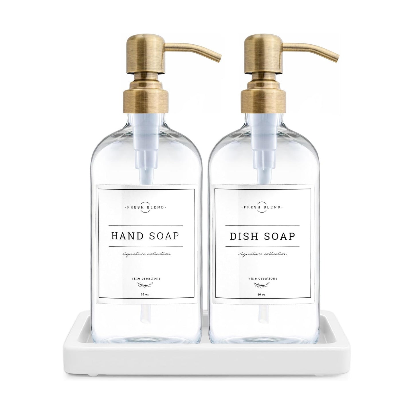 Vine Creations Glass Soap Dispenser, 2 Pack Kitchen Soap Dispenser Set with Ceramic Tray, Stainless Steel Pump, Dish