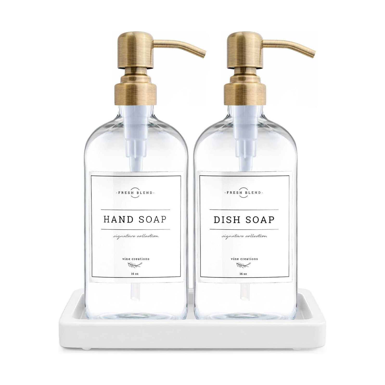 Vine Creations Glass Soap Dispenser, 2 Pack Kitchen Soap Dispenser Set with Ceramic Tray, Stainless Steel Pump, Dish