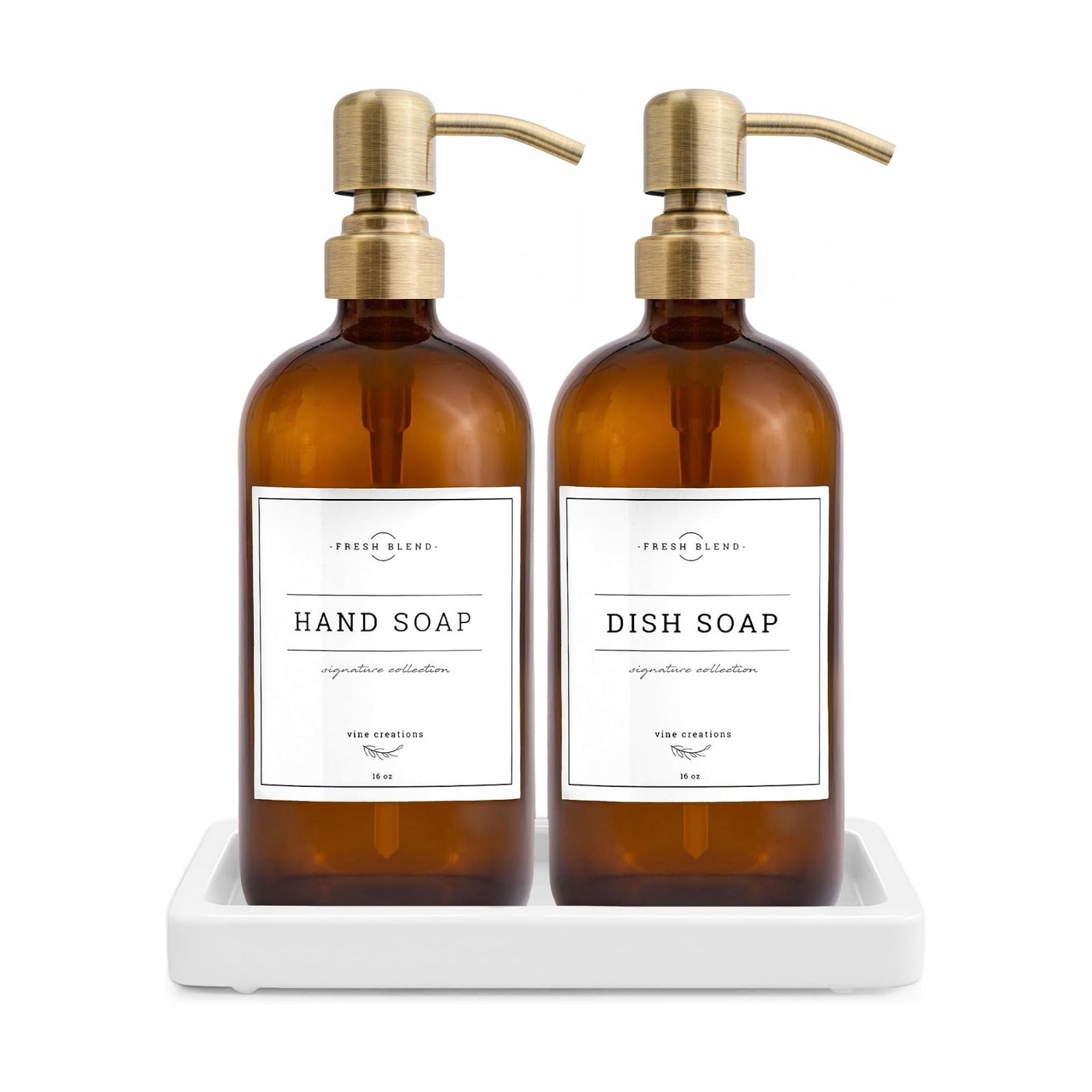 Vine Creations Amber Glass Soap Dispenser, 2 Pack Kitchen Soap Dispenser Set with Ceramic Tray, Stainless Steel Pump