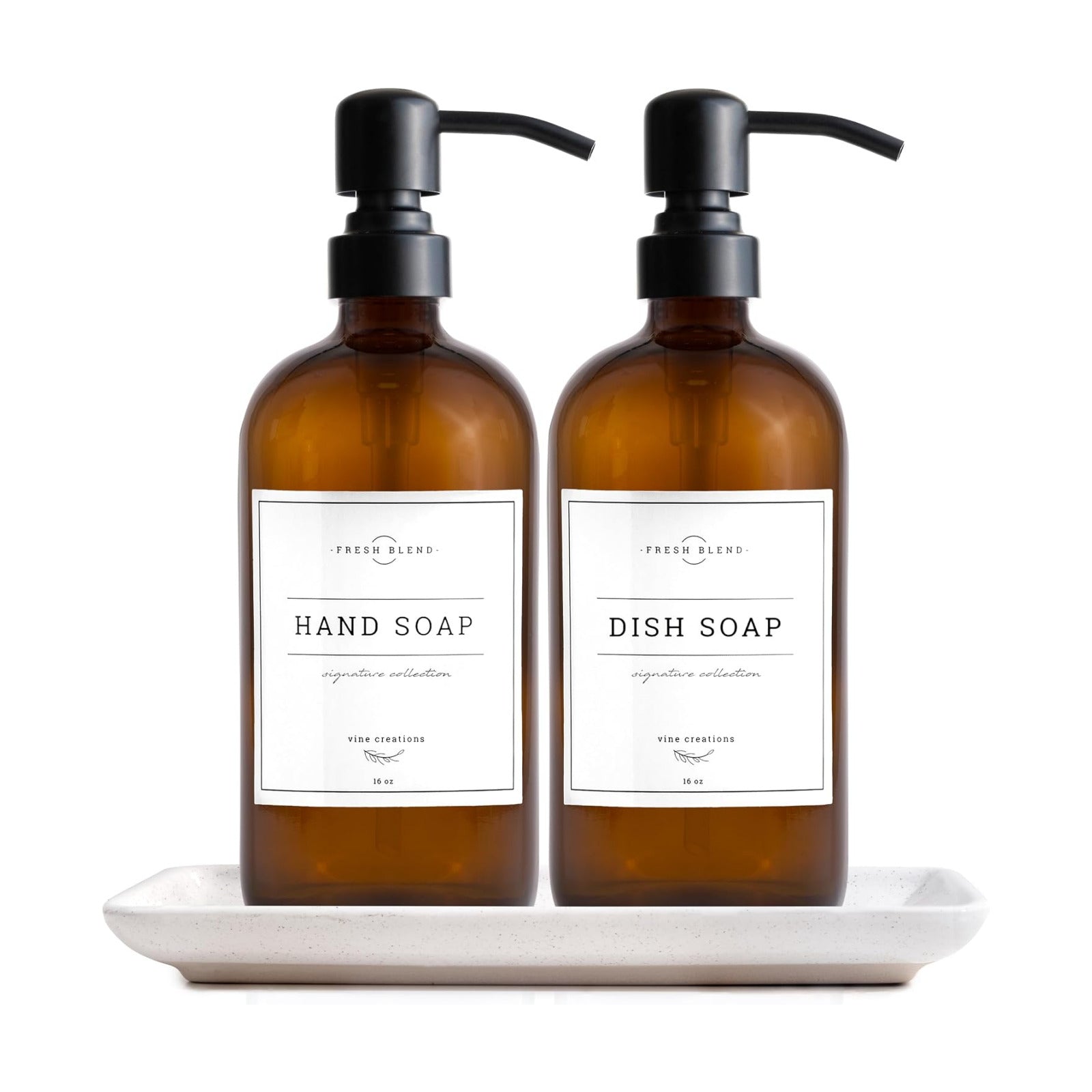Vine Creations Amber Glass Soap Dispenser, 2 Pack Kitchen Soap Dispenser Set with Ceramic Tray, Stainless Steel Pump