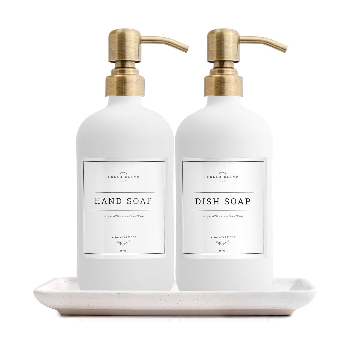 Vine Creations Glass Soap Dispenser, 2 Pack Kitchen Soap Dispenser Set with Ceramic Tray, Stainless Steel Pump, Dish