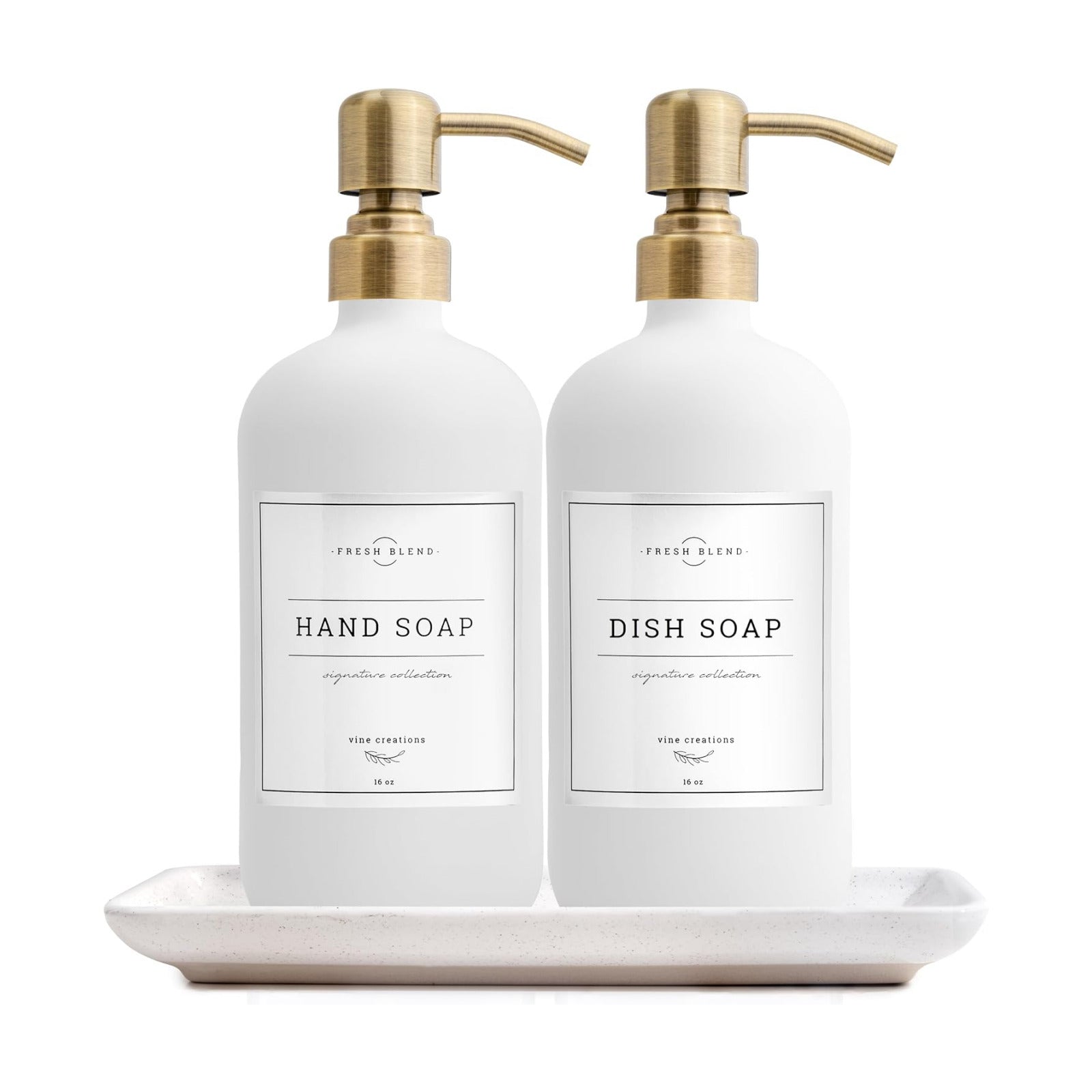Vine Creations Glass Soap Dispenser, 2 Pack Kitchen Soap Dispenser Set with Ceramic Tray, Stainless Steel Pump, Dish